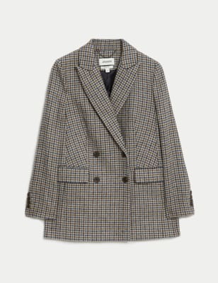 

JAEGER Womens Pure Wool Checked Double Breasted Blazer - Blue Mix, Blue Mix