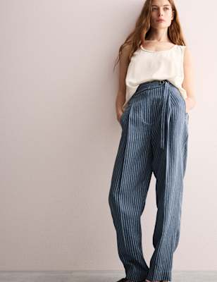 JAEGER  Pure Linen Pinstripe Belted Tapered Trousers - 8 - Chambray, Chambray