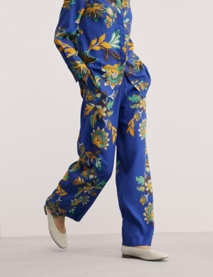 Jaeger Women's Pure Lyocell Floral Wide Leg Trousers - 12 - Blue Mix, Blue Mix