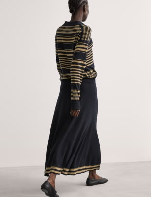 

JAEGER Womens Pure Merino Wool Striped Midi Skater Skirt - Black Mix, Black Mix