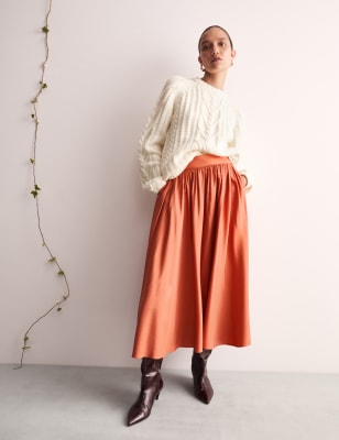 

JAEGER Womens Pleated Twill Midi A-Line Skirt - Burnt Orange, Burnt Orange