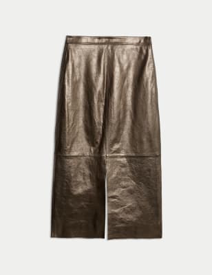 

JAEGER Womens Metallic Leather Midi Column Skirt - Gold, Gold