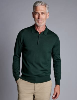 Charles Tyrwhitt Men's Pure Merino Wool Knitted Polo Shirt - Grey, Green,Grey