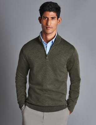 Charles Tyrwhitt Men's Pure Merino Wool Half Zip Jumper - Navy, Navy,Beige,Stone