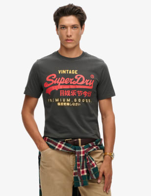 Superdry Men's Cotton Rich Logo Graphic Crew Neck T-Shirt - M - Dark Grey, Dark Grey,Green