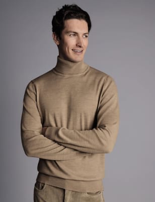 Charles Tyrwhitt Men's Pure Merino Wool Roll Neck Jumper - Stone, Stone,Grey,Navy