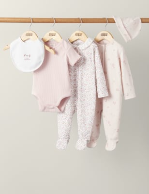 Mamas & Papas Girls 5pc Pure Cotton Floral Starter Set (7lbs-1 Yrs) - 0-3 M - Pink, Pink