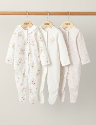 Mamas & Papas Girls 3pk Pure Cotton Floral Sleepsuits (7lbs-2 Yrs) - 0-3 M - White Mix, White Mix