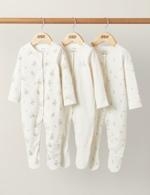 Mamas & Papas 3pk Pure Cotton Bear & Leaf Sleepsuits (7lbs-2 Yrs) - 9-12M - Cream Mix, Cream Mix