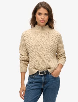 Superdry Women's Cable Knit Funnel Neck Jumper with Wool - 8 - Cream, Cream