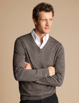 Charles Tyrwhitt Men's Pure Wool V-Neck Jumper - Black, Burgundy,Black,Mocha,Dark Indigo,Dark Teal,A