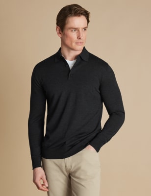 Charles Tyrwhitt Men's Pure Merino Wool Button Neck Jumper - Mocha, Dark Charcoal,Forest Green,Mocha