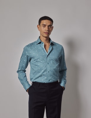 Hawes & Curtis Men's Pure Cotton Dobby Geometric Shirt - XXL - Teal, Teal