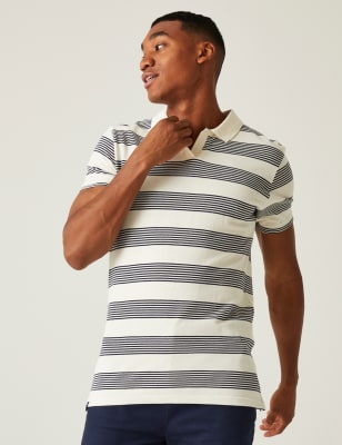 Regatta Men's Tempete Pure Cotton Striped Polo Shirt - Navy Mix, White Mix,Navy Mix