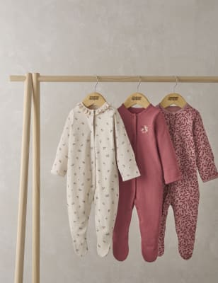 Mamas & Papas Newborn Girls 3pk Pure Cotton Cherry Sleepsuits (0-24 Mths) - 0-3 M - Multi, Multi