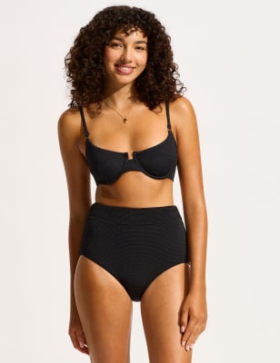 Seafolly Women's Sea Dive Textured High Waisted Bikini Bottoms - 14 - Black, Black