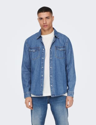 Only & Sons Men's Denim Shirt - L - Dark Grey, Blue Denim,Dark Grey