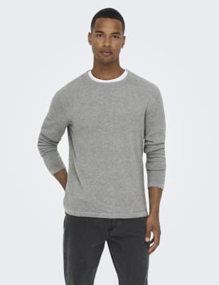 Only & Sons Men's Pure Cotton Textured Crew Neck Jumper - L - Blue, Green,Grey Mix,Blue,Black,Green 