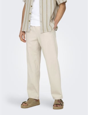 Only & Sons Men's Straight Fit Cotton Rich Trousers with Linen - Beige, Beige