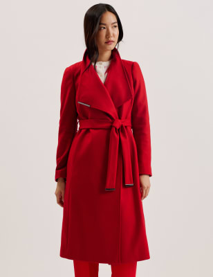 Ted Baker Women's Wool Rich Longline Wrap Coat with Cashmere - 14 - Red, Red