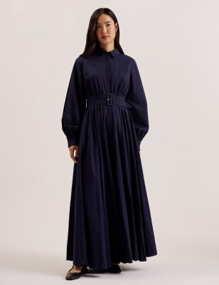 Ted Baker Women's Pure Cotton Belted Maxi Shirt Dress - 14 - Navy, Navy