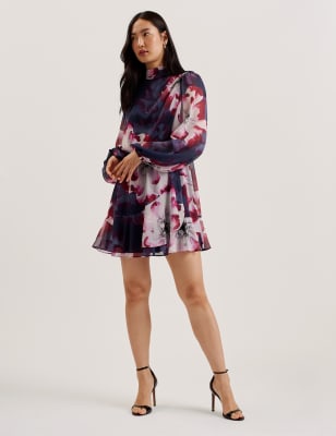 Ted Baker Women's Floral Crew Neck Mini Waisted Dress - 12 - Navy, Navy