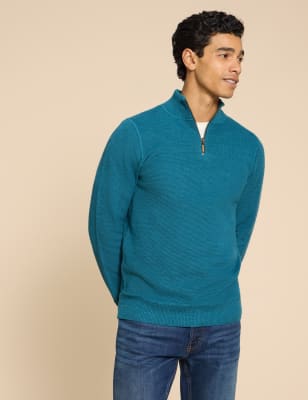 White Stuff Men's Pure Cotton Textured Half Zip Jumper - XXL - Teal, Teal