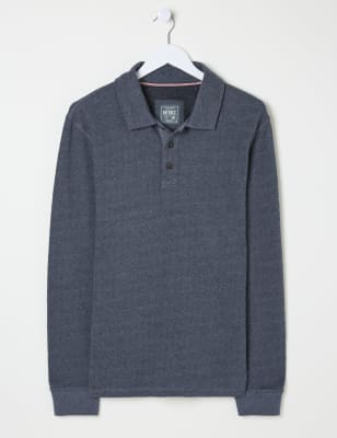 Fatface Men's Pure Cotton Herringbone Long Sleeve Polo Shirt - XXXLREG - Navy, Navy