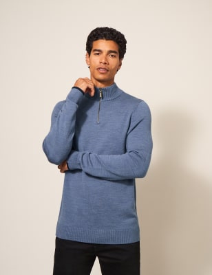 White Stuff Men's Pure Merino Wool Funnel Neck Half Zip Jumper - S - Navy, Blue,Navy,Purple