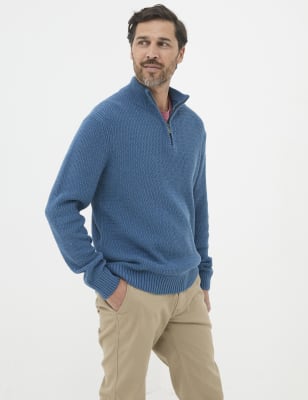 Fatface Men's Pure Cotton Textured Half Zip Jumper - MREG - Blue, Blue