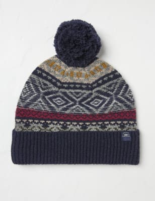 Fatface Men's Wool Rich Textured Fair Isle Beanie Hat - one size - Navy Mix, Navy Mix