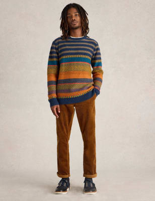 White Stuff Men's Lambswool Rich Striped Fair Isle Jumper - Blue Mix, Blue Mix