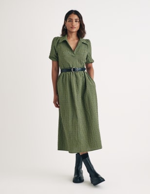 Nobody'S Child Women's Cotton Rich Checked Midaxi Waisted Dress - 12 - Green Mix, Green Mix