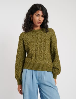 Nobody'S Child Women's Wool Rich Cable Crew Neck Knit Jumper - Green, Green