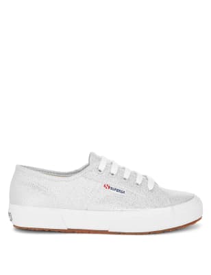 Superga Women's Canvas Lace Up Glitter Trainers - 6 - Silver, Silver,Golden Rose