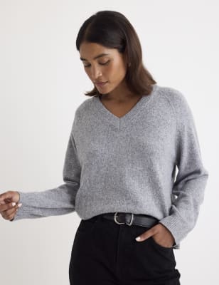 Nobody'S Child Women's Cotton Rich V-Neck Relaxed Jumper - Grey, Grey