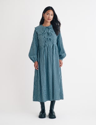 Nobody'S Child Women's Pure Cotton Checked Collared Midi Dress - 12 - Navy, Navy