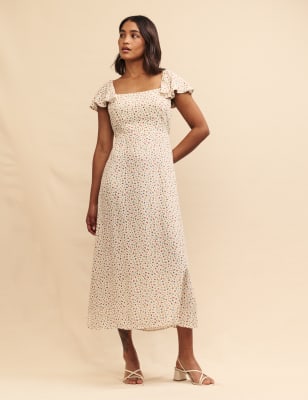 Nobody's Child Floral Square Neck Midi Tea Dress - 16Reg - White Mix, White Mix
