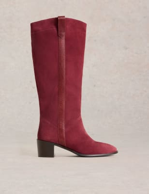 White Stuff Women's Suede Block Heel Knee High Boots - 8 - Red, Red