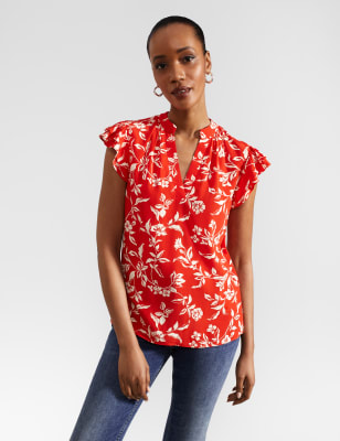 Hobbs Women's Floral Notch Neck Top - 8 - Red, Red