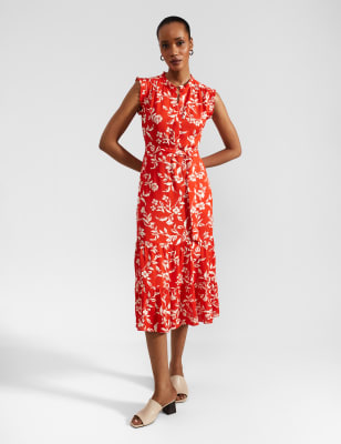 Hobbs Women's Floral High Neck Midi Tiered Dress - 12REG, Red