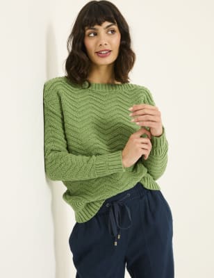 Fatface Women's Cotton Blend Textured Crew Neck Jumper - 14 - Green, Green