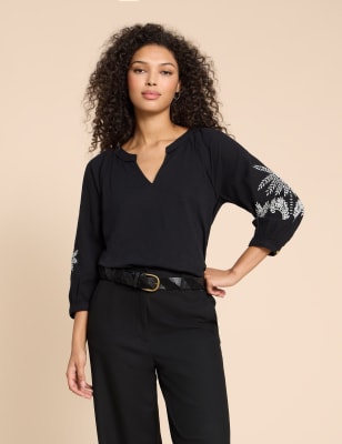 White Stuff Women's Pure Cotton Embroidered Blouse - 10 - Black Mix, Black Mix