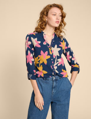 White Stuff Women's Jersey Floral Collared Button Through Blouse - 20 - Navy Mix, Navy Mix