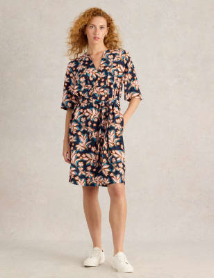 White Stuff Women's Printed V-Neck Belted Knee Length Shift Dress - 16 - Navy Mix, Navy Mix