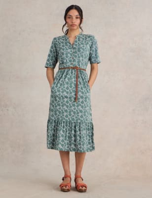 White Stuff Women's Jersey Printed V-Neck Midi Tea Dress - 12REG - Green Mix, Green Mix