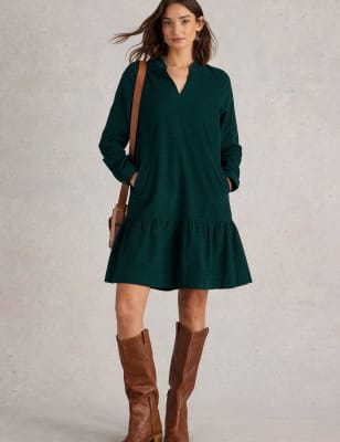 White Stuff Women's Cord Notch Neck Knee Length Tea Dress - 12 - Green, Green