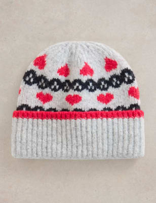 White Stuff Women's Heart Fair Isle Beanie Hat with Wool - Grey Mix, Grey Mix