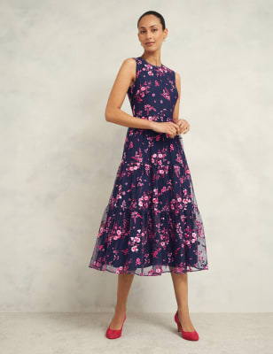 Hobbs Women's Floral Embroidered Midi Waisted Dress - 16 - Navy Mix, Navy Mix