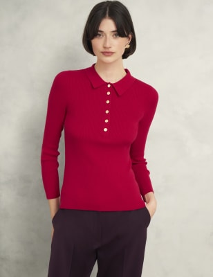 Hobbs Women's Collared Button Detail Knitted Top, Red